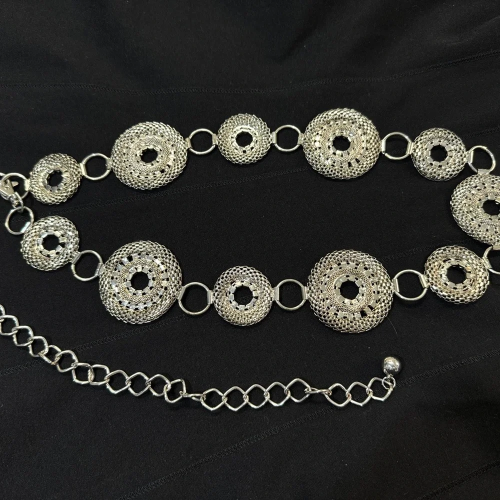 Silver Tone Rhinestone Concho Medallion Belly Body Chain Belt 45”
